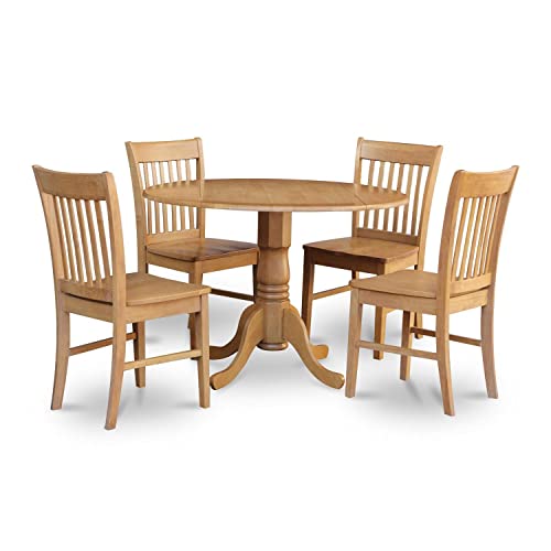 East West Furniture DLNO5-OAK-W Dublin 5 Piece Modern Set Includes a Round Wooden Table with Dropleaf and 4 Dining Chairs, 42x42 Inch - WoodArtSupply