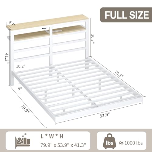 kozfrn Floating Bed Frame Full Size with Storage Headboard,Modern Metal Platform with Smart LED Lights and Charging Station,Metal Slat Support,No Box Spring,Easy Assembly,Noise-Free,White kozfrn
