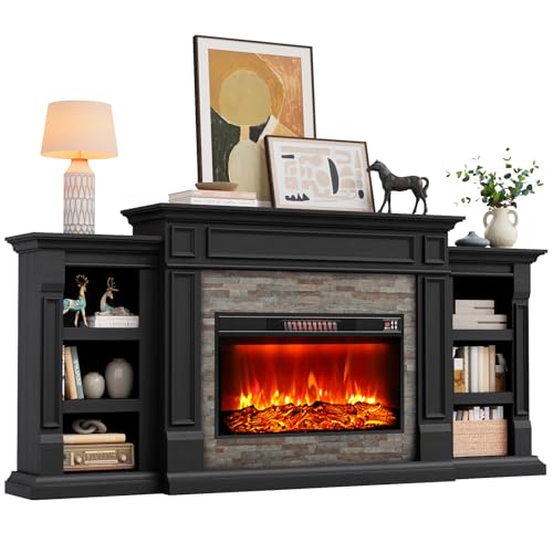 80" Fireplace TV Stand, Electric Fireplace with Mantel for TVs Up to 90 Inch, Modern Entertainment Center with Storage, Realistic Stacked Stone Surround with 30'' Fireplace for Living Room, Black HolliWill
