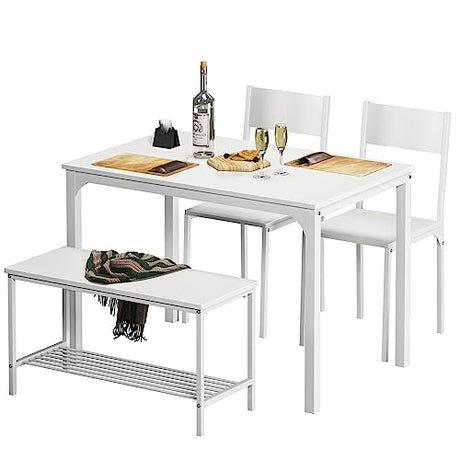 soges 4 Person Dining Table Set,43.3 inch Kitchen Table Set for 4,2 Chairs with Backrest,2-Person Bench with Storage, White Rack,Nesting Furniture Set for Dining Room and Restaurant, White soges