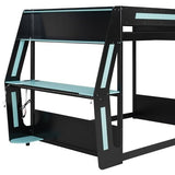 SOFTSEA Full Size Gaming Loft Bed with Desk, LED Lights & Charging Station, Wood Full Gaming Bunk Bed with Desk and Storage Shelves for Kids Teens Adults, Black & Blue SOFTSEA