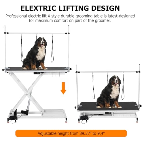 47" Electric Dog Grooming Table, Pet Grooming Table for Dogs & Cats, Height Adjustable (9"-40") with Overhead Arm, Anti Slip Tabletop, 3 Grooming Noose, White