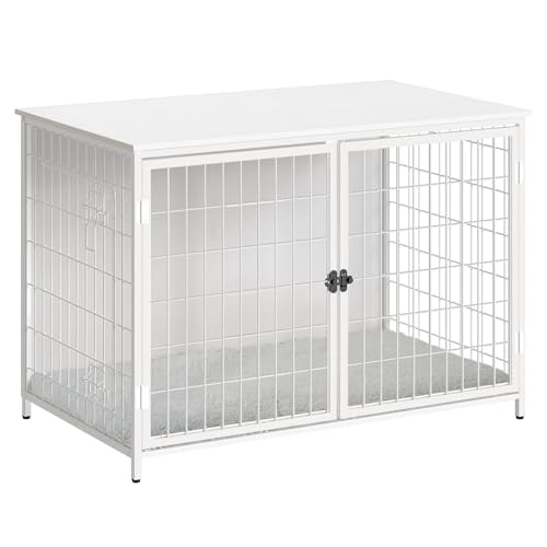 MAHANCRIS Dog Crate Furniture with Cushion, Wooden Dog Kennel with Double Doors, Heavy Duty Dog Cage for Small/Medium/Large Dogs, Indoor Dog House End Table, 39.4" L, White DCBW10701