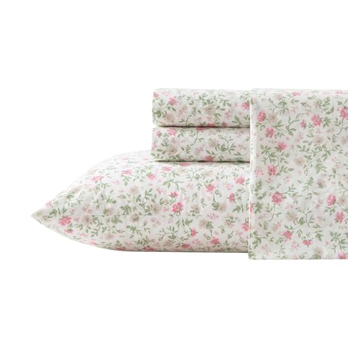 Laura Ashley - Full Sheet Set, Super Soft Cotton Percale Bedding Set with Matching Shams, Oeko-Tex Certified (Bonnie Pink, Full) Laura Ashley