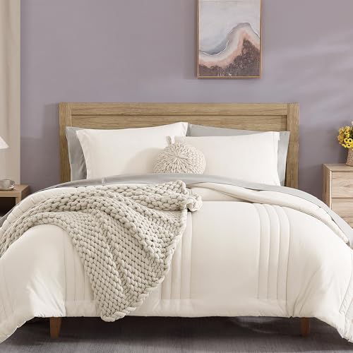 Monbix King Size Comforter Set - 7 Pieces Bed in a Bag King, Snow White Bedding Sets with Comforter, All Seasons Comforter Bed Set with Sheets, Pillowcases & Shams Monbix