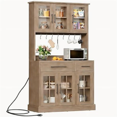 YITAHOME 71" Farmhouse Kitchen Pantry Storage Cabinet with Power Outlet, Freestanding Glass Door Display Pantry Hutch with Microwave Stand & Adjustable Shelves & Large Countertop for Home, Lvory Grey YITAHOME