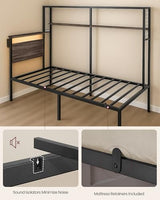 VASAGLE Twin Size Metal Bed Frame with Headboard, Multifunctional Storage, Built-in LED Lights, Charging Station, Bookshelf, Bedside Shelf, Space-Saving, No Box Spring Needed, Ash Brown URMB963K01 VASAGLE