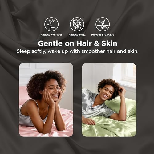 Bedsure Satin Sheets King Size - 4 Piece Silky Bedsheets with 15 Inches Deep Pocket Fitted Bedsheet,1 Flat Sheet, 2 Satin Pillowcases, Good for Hair & Skin (King, Silver Grey) Bedsure