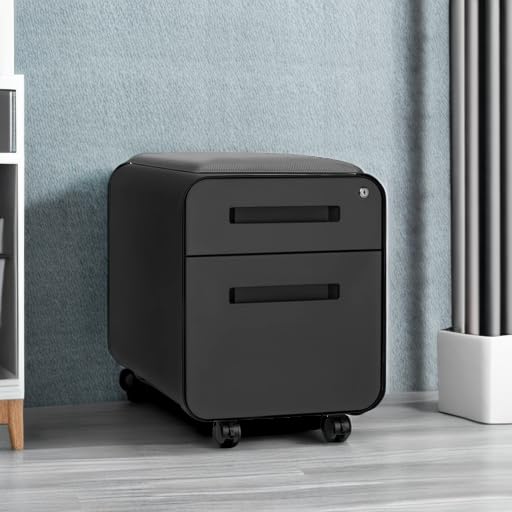 Laura Davidson Furniture STOCKPILE Mini Seated 2 Drawer Mobile File Cabinet with Removable Magnetic Cushion Seat - Short Version, Metal Filing Cabinet, Pre-Assembled, Black with Grey Cushion Laura Davidson Furniture