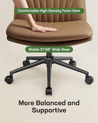 Marsail Armless-Office Desk Chair with Wheels: PU Leather Cross Legged Wide Chair,Comfortable Adjustable Swivel Computer Task Chairs for Home,Office,Make Up,Small Space,Bed Room, Brown Marsail