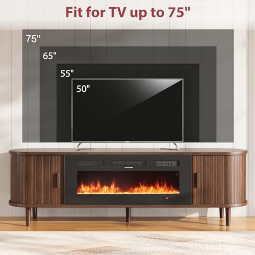 OneBlis 70" Mid Century Modern TV Stand with Fireplace, Fluted Fireplace TV Stand, Entertainment Center with Sliding Door, TV Console with Solid Wood Legs for Living Room, Walnut OneBlis