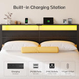 King Size Bed Frame with LED Lights and Charging Station, King Size Platform Bed with Metal Slats and Wood Headboard, No Box Spring Needed，Black Liians
