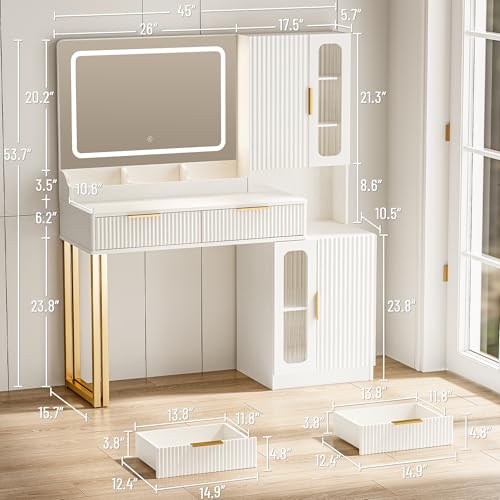 45" Modern Makeup Vanity Desk with Mirror and Lights, Makeup Vanity with 5 Shelves& 2 Drawers and Cabinet, Vanity Table with Power Outlet, 3 Color Adjustable Lighting Dressing Table Set for Bedroom astimey