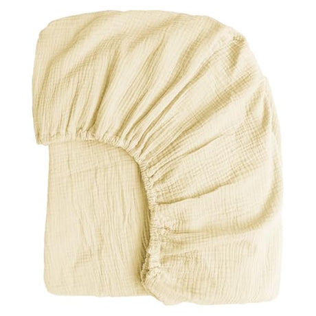 100% Muslin Cotton Cream Fitted Sheet Twin Only with 16" Elastic Deep Pocket, 1 Pack Soft Breathable Absorbent Gauze Single Fitted Bottom Sheet, Minimalist Fluffy Wrinkle Mattress Protector YASMENG