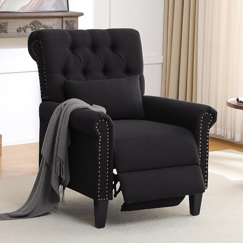 choairy Pushback Recliner Chair, Accent Push Back Chairs with Adjustable Footrest, Upholstered Linen Reclining Sofa with Side Pocket, Comfy Modern Armchair for Living Room, Bedroom, Black