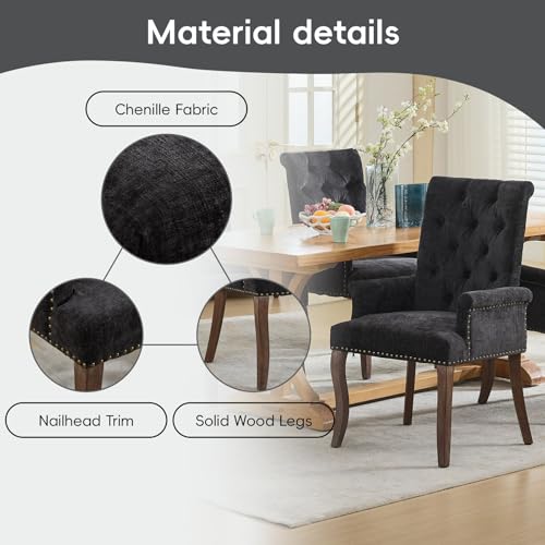 KIUMU Upholstered Tufted Chenille Dining Chairs with Arms & Nailhead Trim – Solid Wood Frame & Legs, Modern Farmhouse for Dining, Kitchen & Living Room (Set of 1, Black) KIUMU