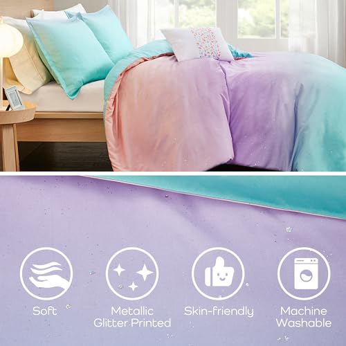 Intelligent Design Queen Duvet Cover Set Full Bed Reversible Colorful Metallic Glitter Ombre Printed Modern, All Season Bedding, Sham & Toss Pillow, Glimmer Pink Purple Rainbow Full/Queen, 4 Piece Intelligent Design