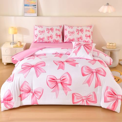 Tasselily 6 Pcs Bed in A Bag Full Comforter Set for Girls,Pink Bow Bedding,Bow Comforter Sets with Sheets for Kids Tasselily