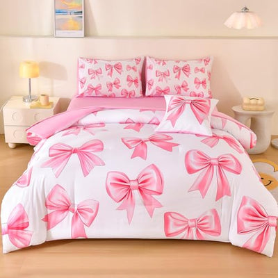 Tasselily 6 Pcs Bed in A Bag Full Comforter Set for Girls,Pink Bow Bedding,Bow Comforter Sets with Sheets for Kids