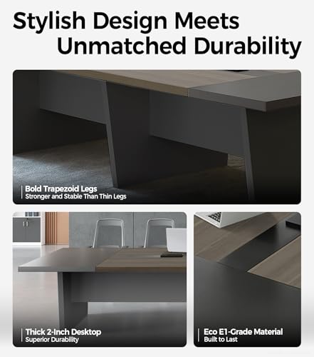 Anzhap 10FT Conference Table, Large Rectangular Seminar Meeting Table, Modern Conference Room Table with Cable Management & 2" Thickened DeskTop for Office Meeting (Oak + Gray, 118"L * 51"W * 30"H) Anzhap