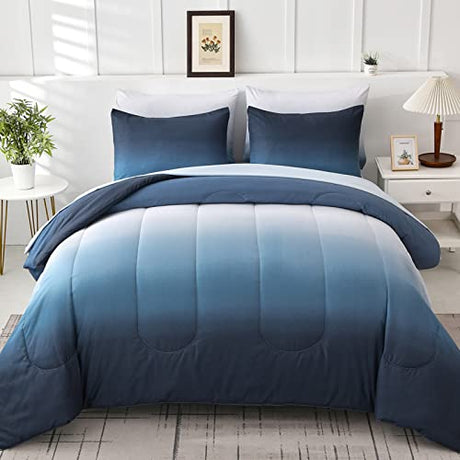 Anibedding Blue Comforter Set Queen - 7 Pieces Ombre Blue White Microfiber Bedding Set - All Season Down Alternative Light Ocean Sea Abstract Bed in a Bag for All Season (90" x90") Anibedding