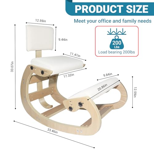 CHIESMA Ergonomic Kneeling Chair with Back Support, Adjustable Height Wooden Knee Chair - Improve Posture with an Angled Seat, with Cushion for Home, Office (Ivory) CHIESMA