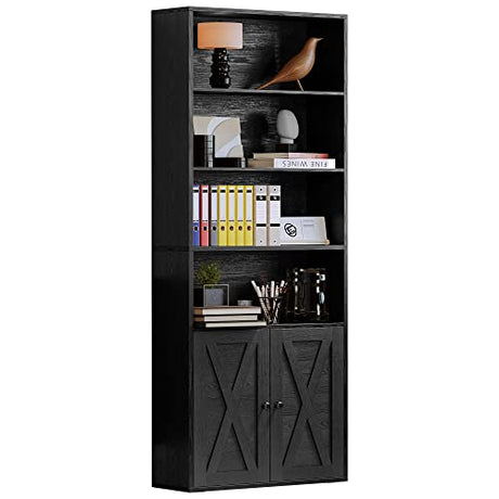 Industrial Vintage Black 6-Tier Bookcase with Doors - 70" Tall Shelves for Home Office & Living Room by IRONCK IRONCK