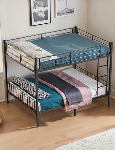Miscoos Queen Over Queen Bunk Bed, Heavy-Duty Queen Bed Frame with Safety Full-Length Guardrails & Anti-Slip Ladder, Metal Bunk Bed for Teens Adults, Noise Reduced, Black Miscoos