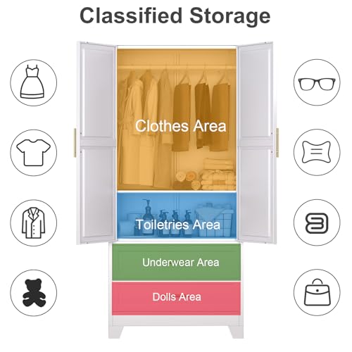 Anewome 71" Metal Armoire Wardrobe Closet with 2 Drawers, Freestanding 2-Door Tall Clothing Storage with Adjustable Shelves and Hanging Rod for Bedroom Dorm, White Anewome