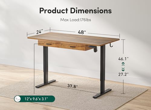 FEZIBO Standing Desk with Double Drawer, 48x 24 Inches Adjustable Height Electric Stand up desk, Ergonomic Workstation Black Frame/Fir Brown Top - WoodArtSupply