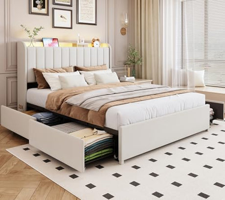 Queen Bed Frame with 4 Drawers and Storage Headboard, Upholstered Platform Bed Frame Queen Size with Led Lights and Handy Charging Station, No Box Spring Needed, Easy Assembly, Noise Free, Beige TIGUBFRE