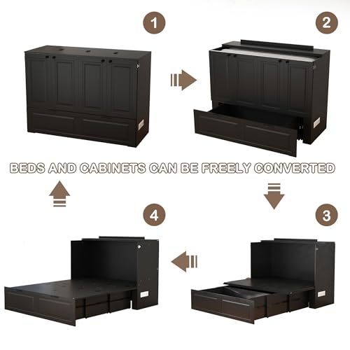 Swyanste Full Size Murphy Bed Cabinet: Black Horizontal Murphy Beds with Storage, Hidden Cabinet Bed Full for Small Spaces, 2 in 1 Murphy's Beds with Charging Station(Black) Swyanste