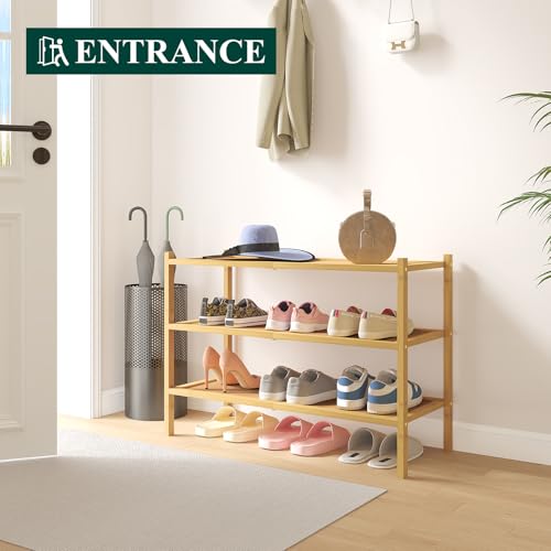 Smiry Bamboo Shoe Rack, 3 Tier Shoe Organizer for Entryway & Closet, Stackable Free Standing Storage Shelf for Shoes, Bags & Plants, Natural Smiry