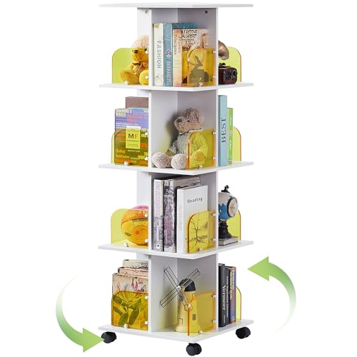 VECELO 4-Tier Rotating Corner Bookshelf with Wheels and Acrylic Dividers - Stylish Storage Solution for Home and Office - WoodArtSupply