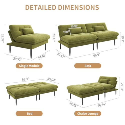 NEDYO 70 inch Convertible Futon Sofa Bed, Velvet Sleeper Sofa with Adjustable Backrest, Thick Fill and Convertible Modules, 4 in 1 Loveseat Couch for Living Room, Olive Green NEDYO