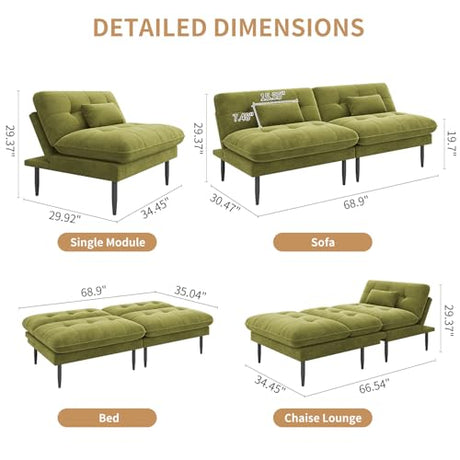 NEDYO 70 inch Convertible Futon Sofa Bed, Velvet Sleeper Sofa with Adjustable Backrest, Thick Fill and Convertible Modules, 4 in 1 Loveseat Couch for Living Room, Olive Green NEDYO