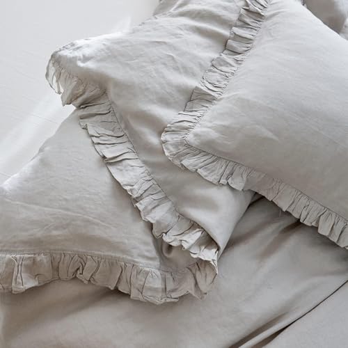 Simple&Opulence 100% Linen Duvet Cover Set, Natural French Flax Light Grey Ruffle Duvet Cover Twin Size, Breathable Comfy Linen Bedding Comforter Cover with 1 Pillowcase (Light Grey, 68" x 86") Simple&Opulence