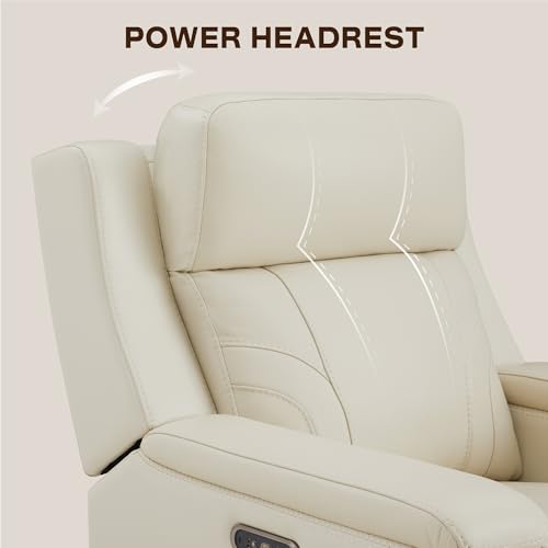 Watson & Whitely Genuine Leather Electric Recliner Chairs for Adults, Lay Flat Recliner with Power Headrest & Chargers for Living Room, Cream