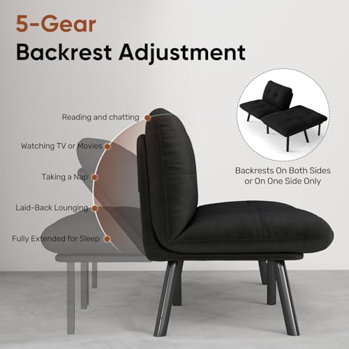 homeokay Futon Sofa Sleeper Couch Bed with Adjustable Backrest Thick Cushion Velvet Fabric for Department Living Room Lounge Sofa Loveseat (Black) homeokay