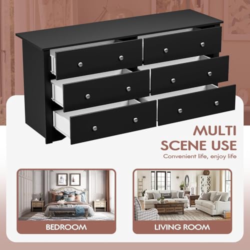 YESHOMY Dresser with 6 Drawer, Wood Wide Chest Storage Organizer and TV Stand for Living Room, Hallway, Dormitory, Black YESHOMY