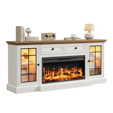 RNLRNL Fireplace TV Stand Up to 80" TVs, 70'' Modern Entertainment Center with 36" Electric Fireplace & LED Lights, Farmhouse Media Console with Storage Cabinet & Drawer for Living Room, Antique White RNLRNL