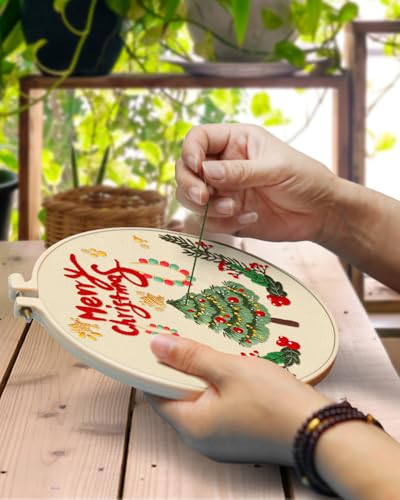 TINDTOP Christmas Embroidery Kit for Adult, 5 Pack Embroidery DIY Starter Kit, with Stamped Patterns, Hoop, Tools, Colorful Threads with Needles, Instructions TINDTOP