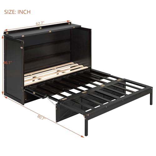 TCMILA Queen Size Murphy Cabinet Bed with Large Storage Drawers and USB, Foldable Murphy Bed Frame with Wood Slat Support, Space Saving, for Kids Boys Girls Adults, Espresso TCMILA
