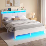 Rolanstar Bed Frame Queen Size with Charging Station and LED Lights, Upholstered Headboard with Storage Shelves, Heavy Duty Metal Slats, No Box Spring Need, Noise Free, Easy Assembly, White Rolanstar