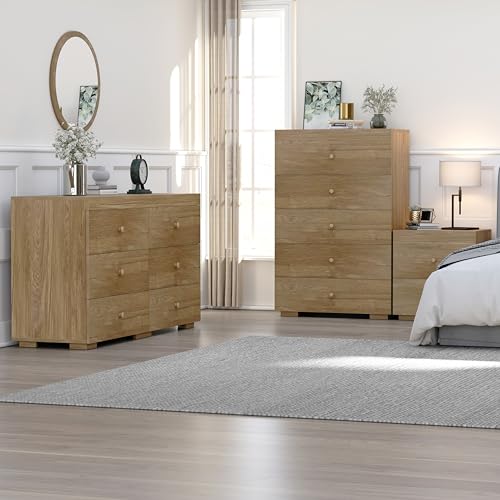 Zenflare Dresser for Bedroom 6 Drawer Wood Dresser 58.3" Wide, Large Chest of Drawers for Bedroom, Living Room, Hallway, Entryway, Modern TV Stand Drawer Organizer, Light Oak Zenflare