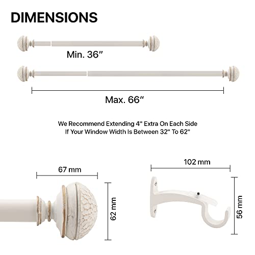 Deco Window 1 Inch Extendable 36"-66" Farmhouse Ivory Curtain Rod for Windows & Doors with Hammered Mushroom Finials & Brackets Set Deco Window