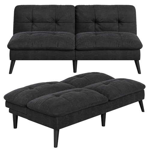 Vongrasig Futon Sofa Bed Velvet Futon Couch with Adjustable Backrest, Small Convertible Folding Sleeper Sofa Bed, Modern Loveseat for Living Room, Bedroom and Small Space, Black Vongrasig