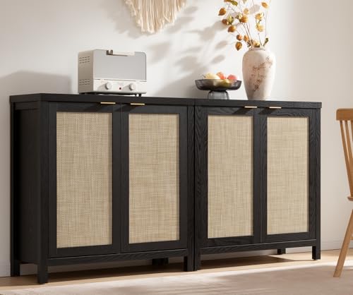SICOTAS Sideboard Buffet Storage Cabinet - Boho Rattan Credenza Coffee Bar Cabinet with Large Storage, Farmhouse Console Buffet Table for Kitchen Living Room Entryway - 2 Black Pieces SICOTAS