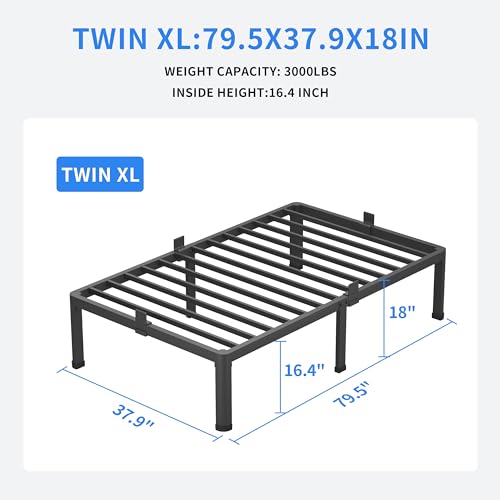 MAF 18 Inch Twin XL Bed Frames with Round Corner Legs Mattress Slide Stopper No Box Spring Needed Heavy Duty Metal Platform Bed Frame Under-Bed Storage Space, 3000 LBS Steel Slats Support MAF