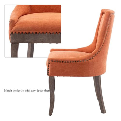 Aoowow Fabric Farmhouse Upholstered Side Chairs Set of 2, Vintage Solid Wood Kitchen Dining Room Chairs with Nailheads Solid Wood Legs (Orange) - WoodArtSupply